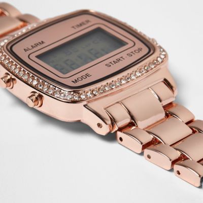 Rose gold tone diamant&#233; digital watch